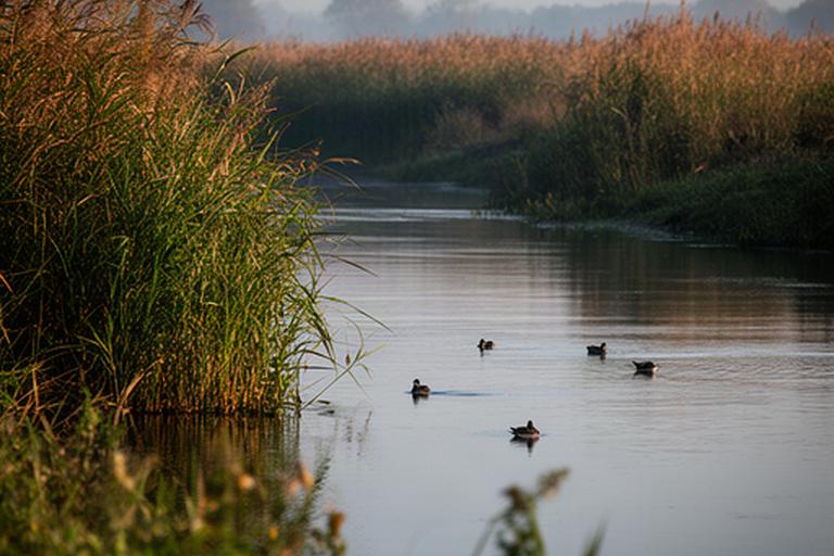 Natuurlijke waterkant in het Land van Maas en Waal met riet, oeverplanten en vogels op het water