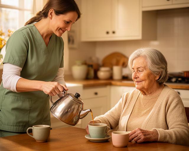 Mantelzorger schenkt thee in voor een oudere vrouw aan de keukentafel in een warme huiskamer